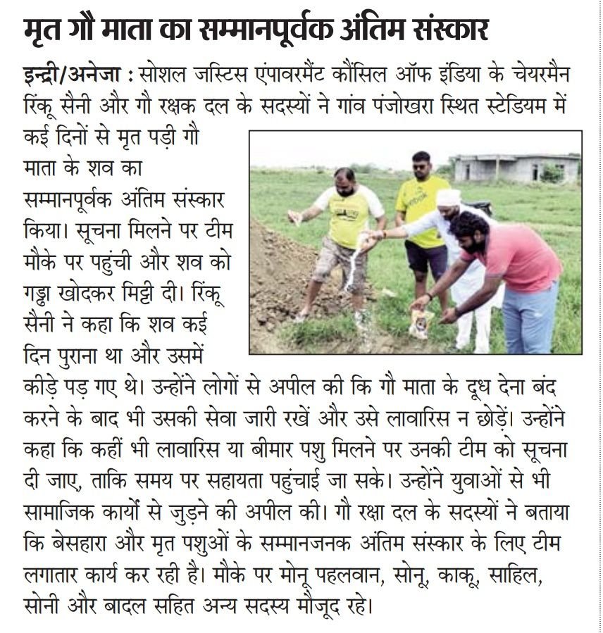 चेयरमैन रिंकू सैनी ने गौरक्षक दल के सदस्यों के साथ मृत गौ माता को दी मिट्टी